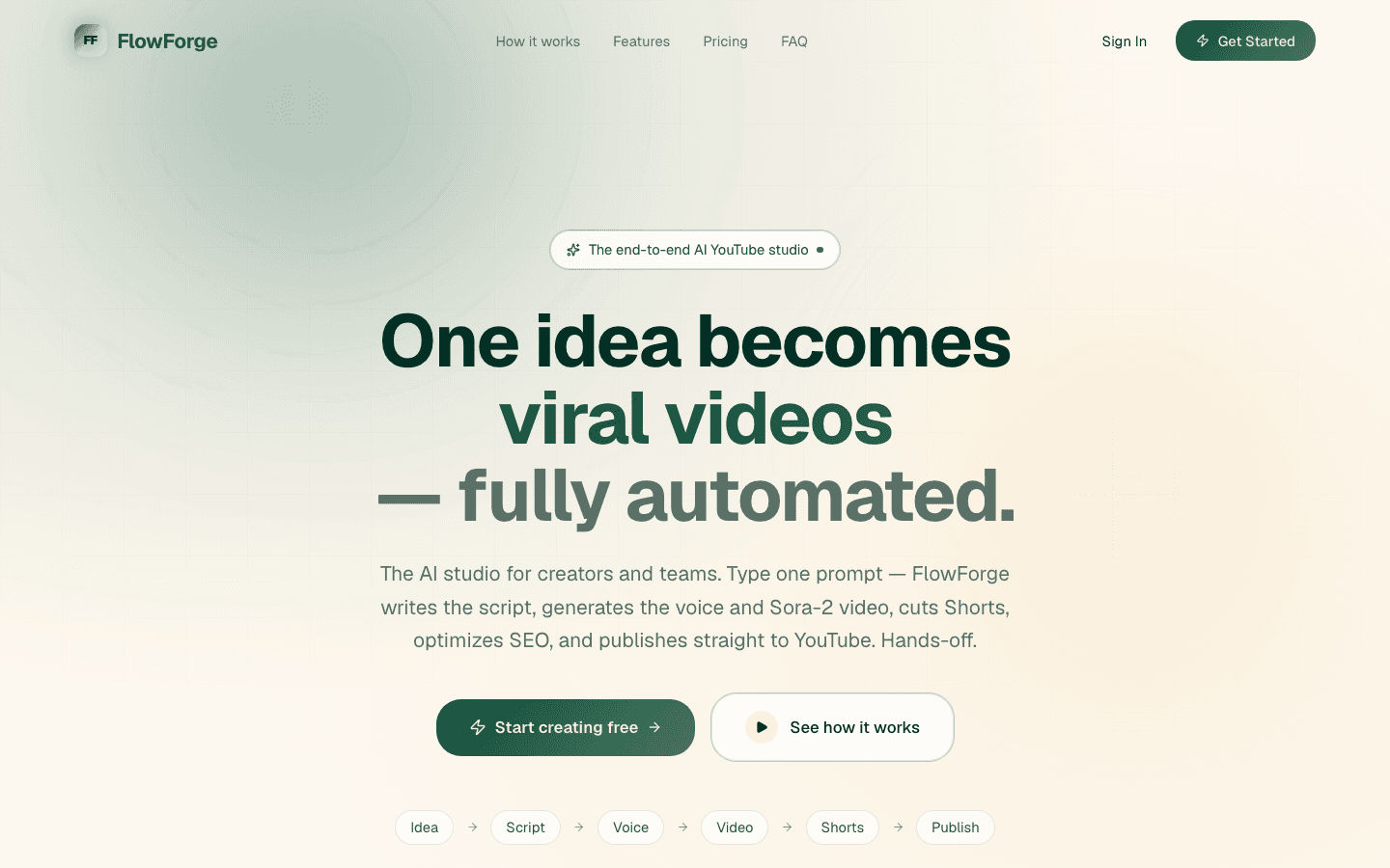 FlowForge homepage — AI YouTube video automation studio