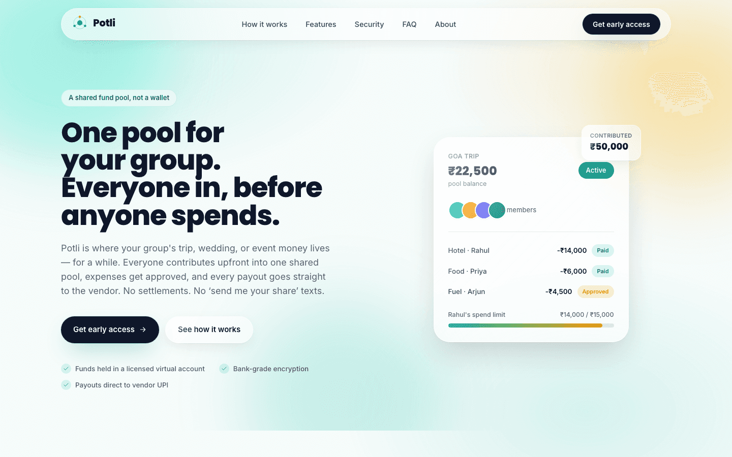 Potli homepage — shared group expense pool app