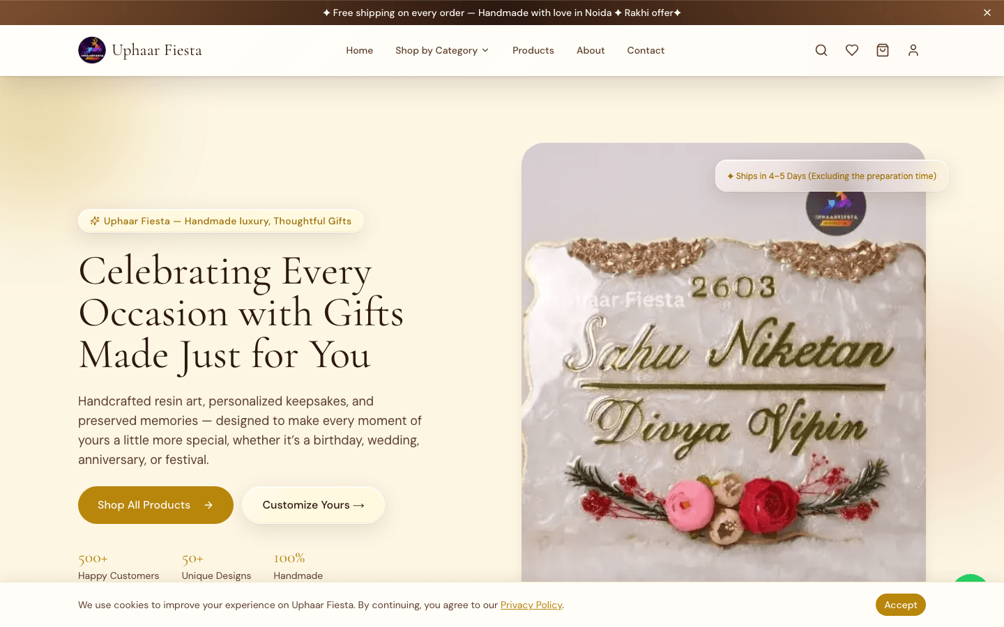 Uphaar Fiesta homepage — handmade gifts and personalized keepsakes store